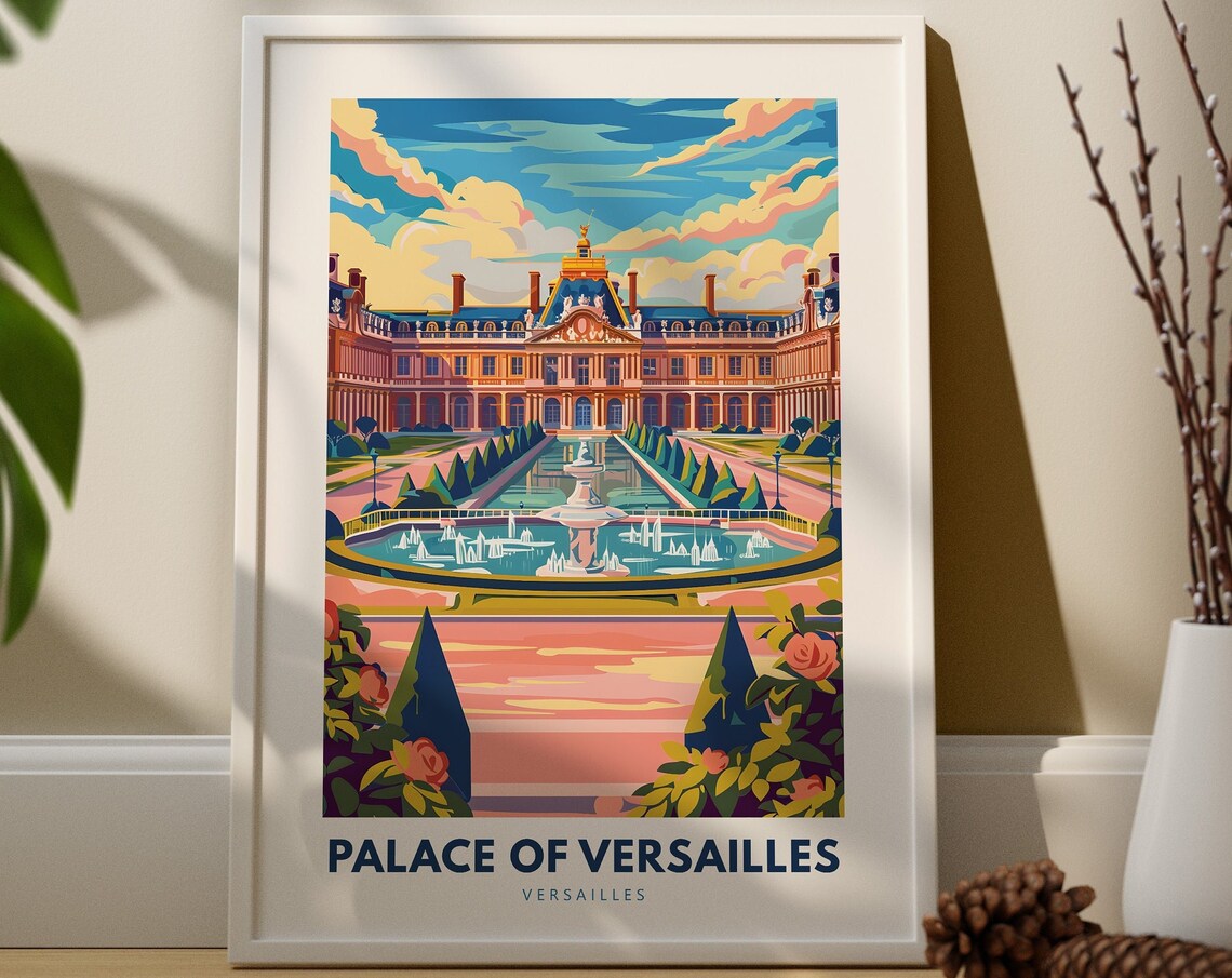 Palace of Versailles Travel Poster Fountain Gardens France Sunset Art