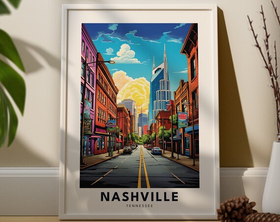 Nashville Tennessee Broadway Downtown Street Scene Travel Poster