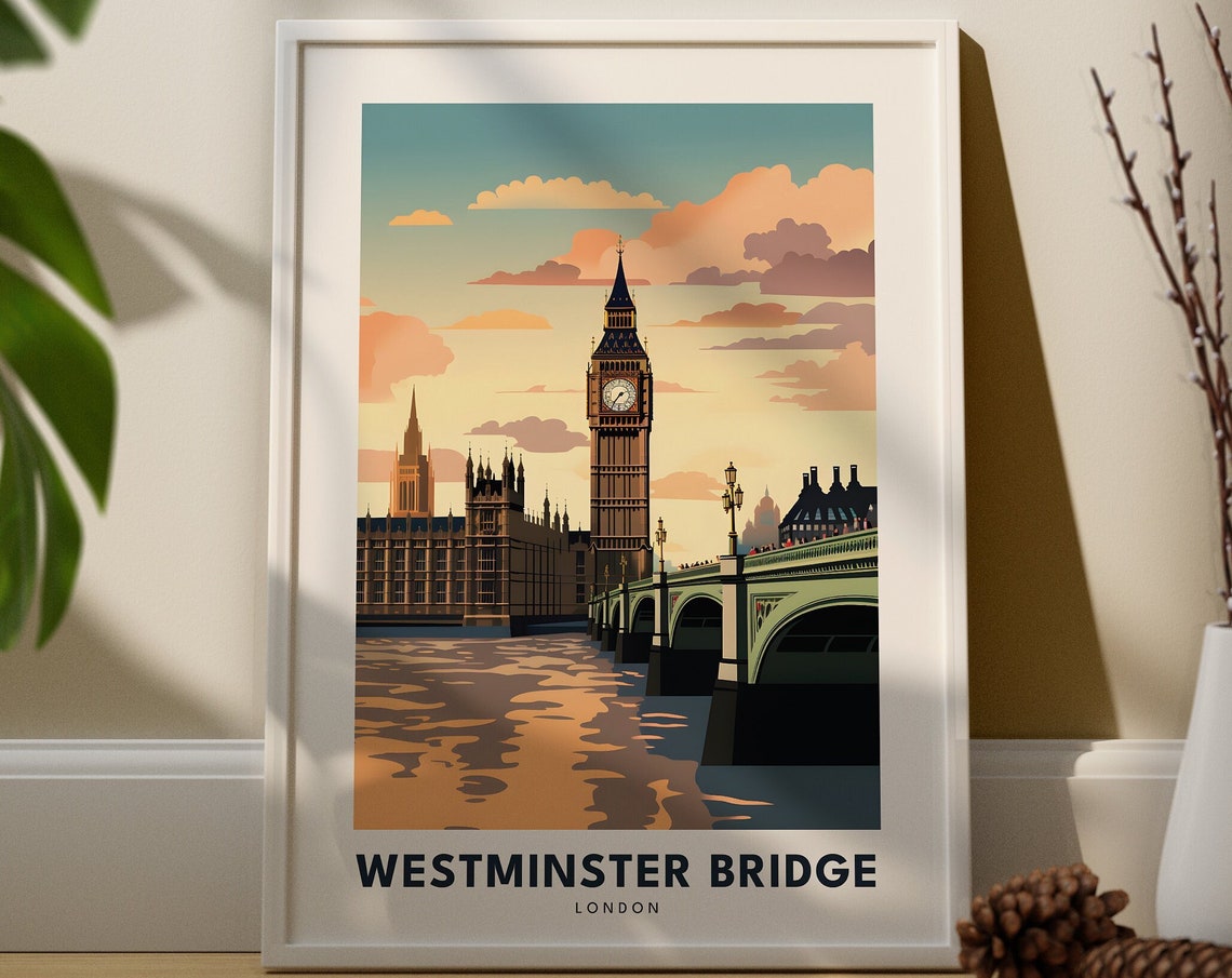 Westminster Bridge London Sunset Travel Poster Big Ben River View