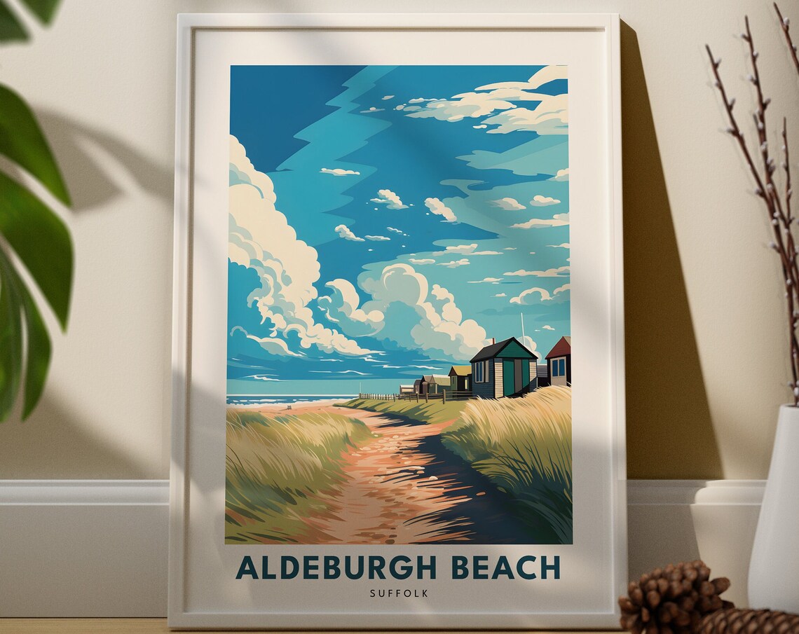 Aldeburgh Beach Suffolk Seaside Huts Coastal Path Vintage Travel Poster