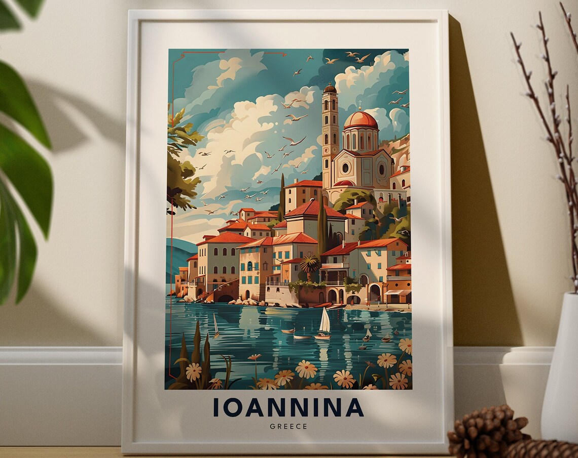 Ioannina Greece Lakeside Old Town Vintage Travel Poster Artwork