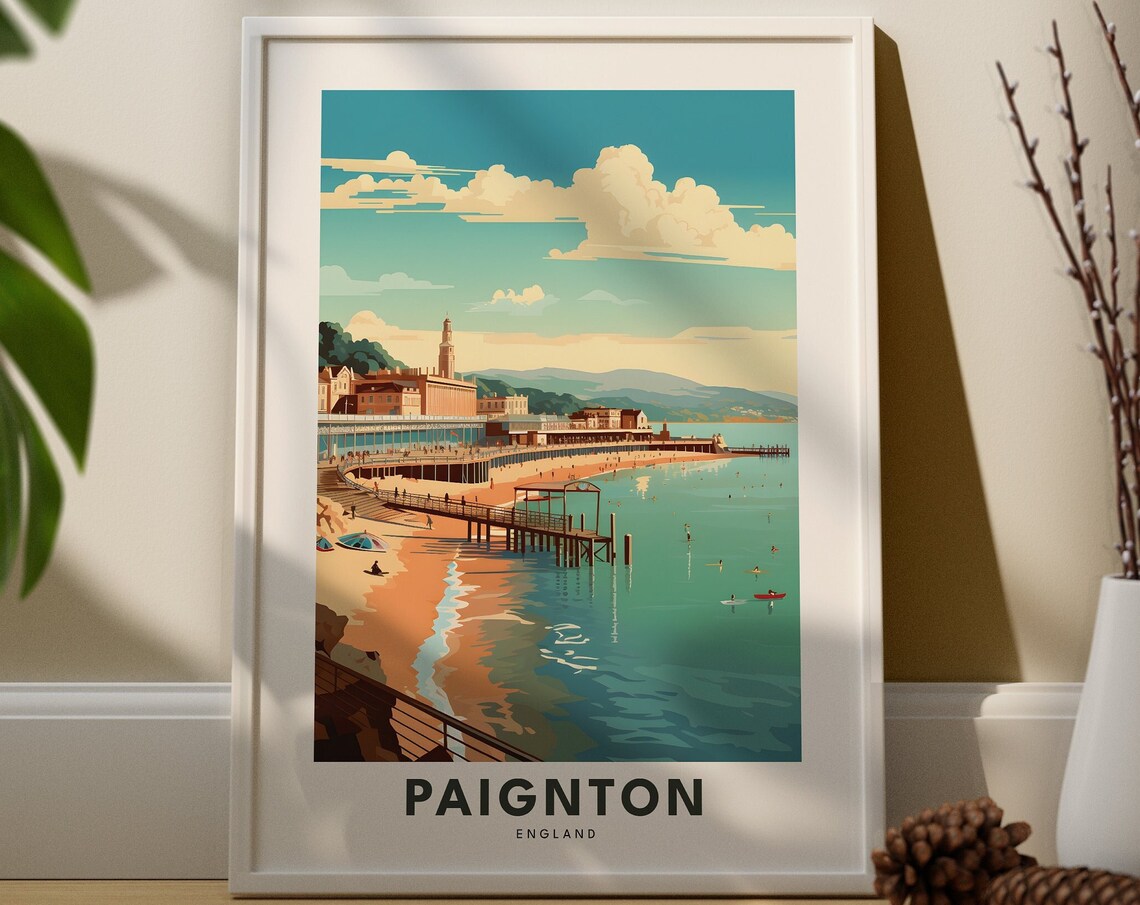 Paignton England Seaside Pier Retro Travel Poster Beach Promenade Art
