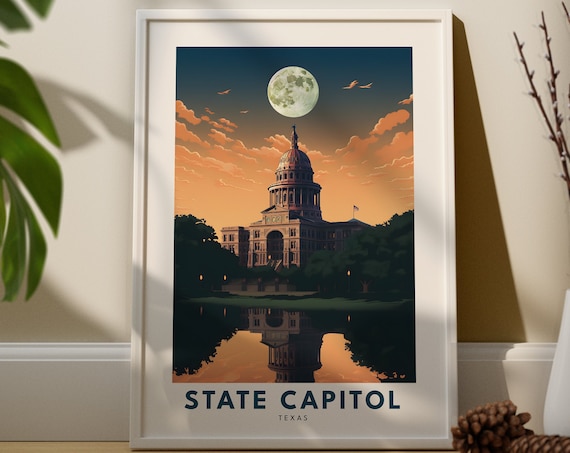 Texas State Capitol Moonlit Sunset Dome Reflection Austin Travel Poster