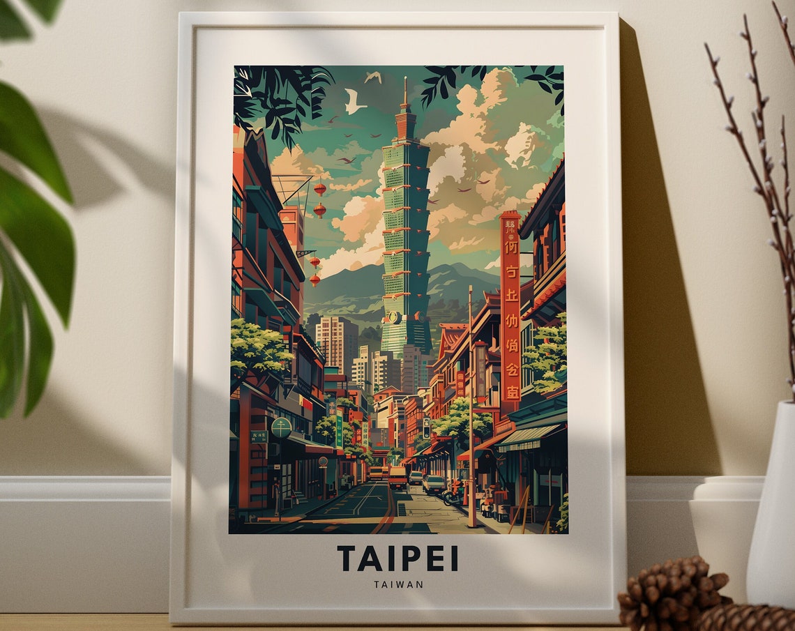Taipei Taiwan Travel Poster Taipei 101 Tower Lantern Street Artwork