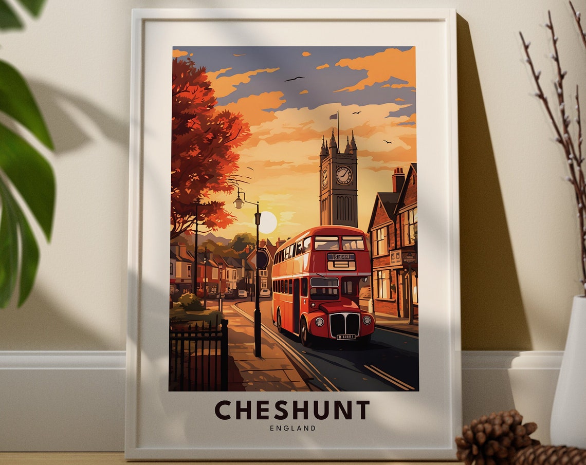 Cheshunt England Sunset Street Scene with Red Double Decker Bus Poster