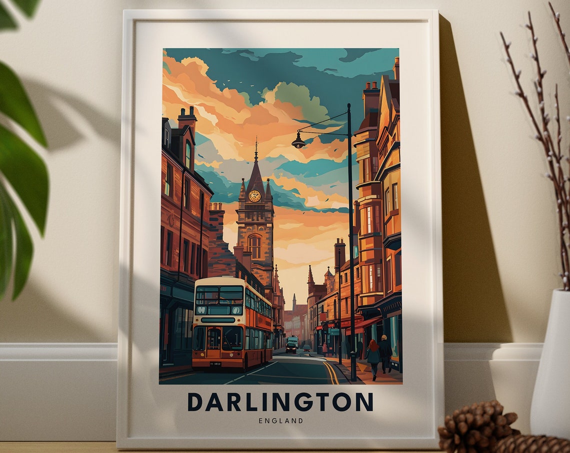 Darlington England Historic Street Double Decker Bus Travel Poster
