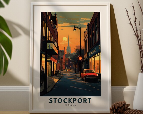 Stockport England Travel Poster Orange Sunset Street Vintage Scene