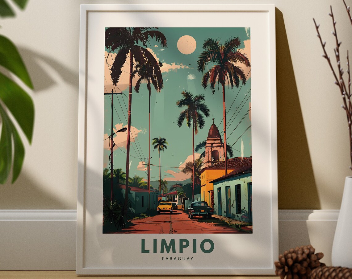 Limpio Paraguay Palm Lined Street Vintage Travel Poster at Dusk