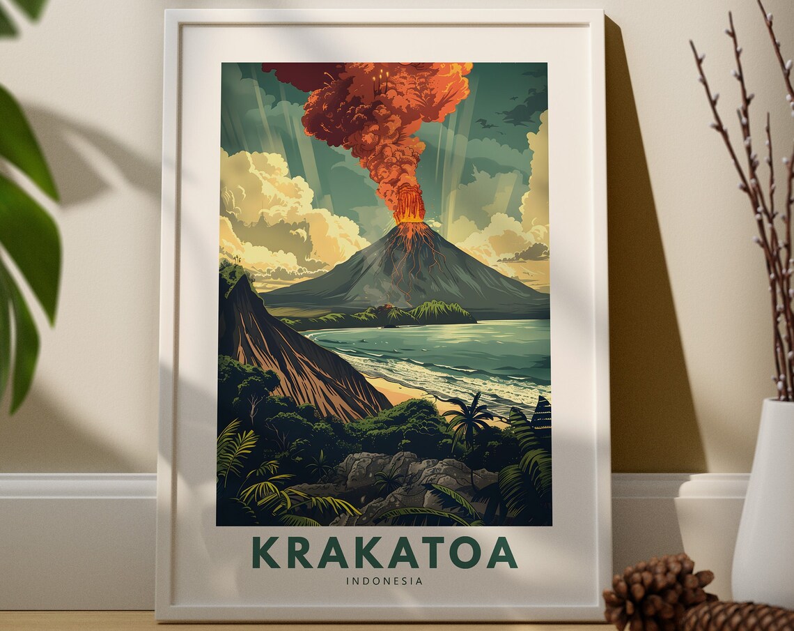 Krakatoa Indonesia Erupting Volcano Vintage Travel Art Poster