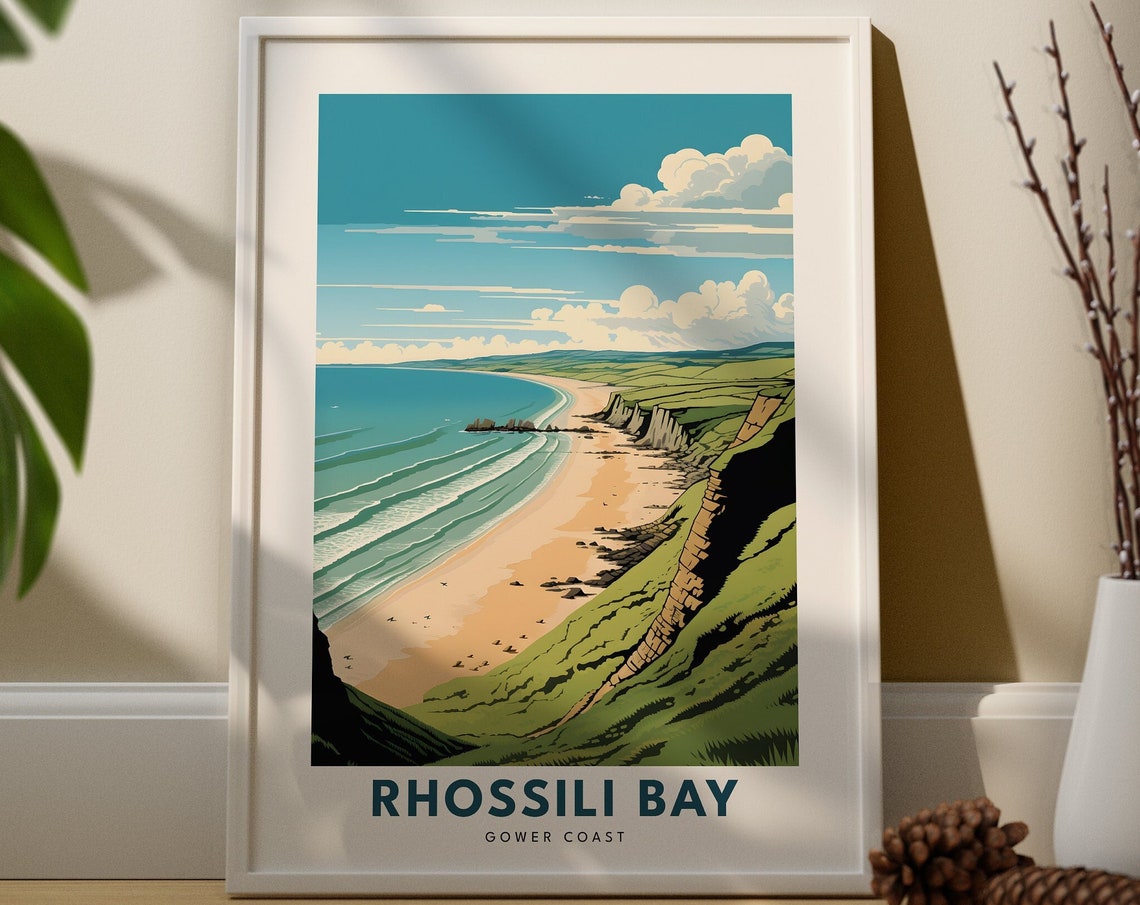 Rhossili Bay Gower Coast Sandy Beach Cliffs Retro Travel Poster