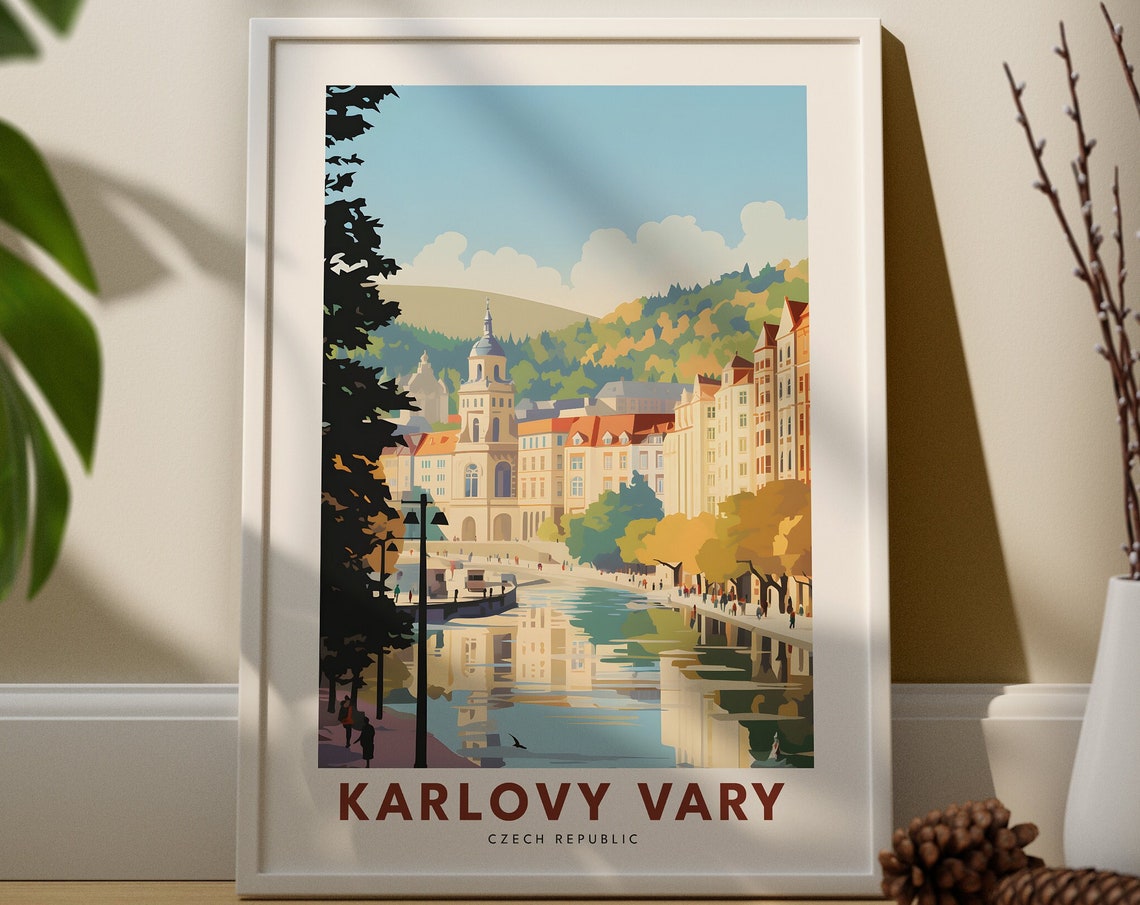 Karlovy Vary Czech Republic Riverside Spa Town Vintage Travel Poster