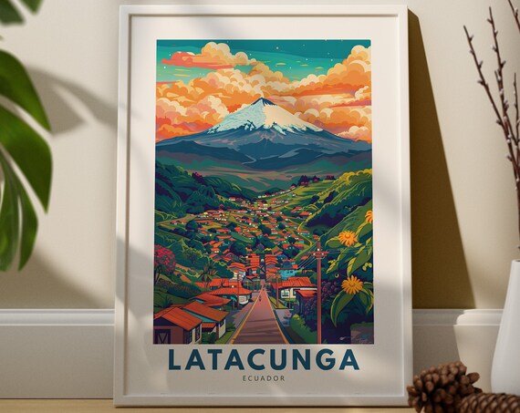 Latacunga Ecuador Mountain Town Volcano Travel Poster Vintage Art Decor