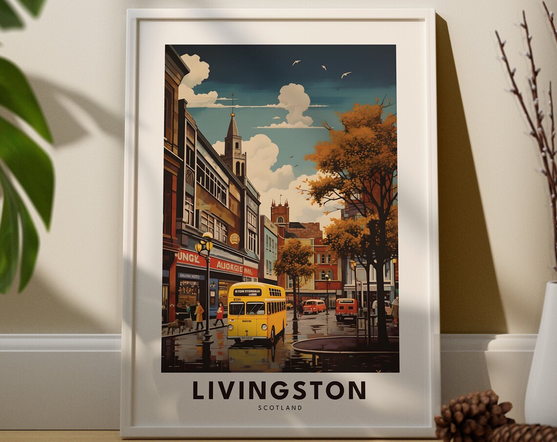 Livingston Scotland Vintage Street Bus Scene Retro Travel Poster