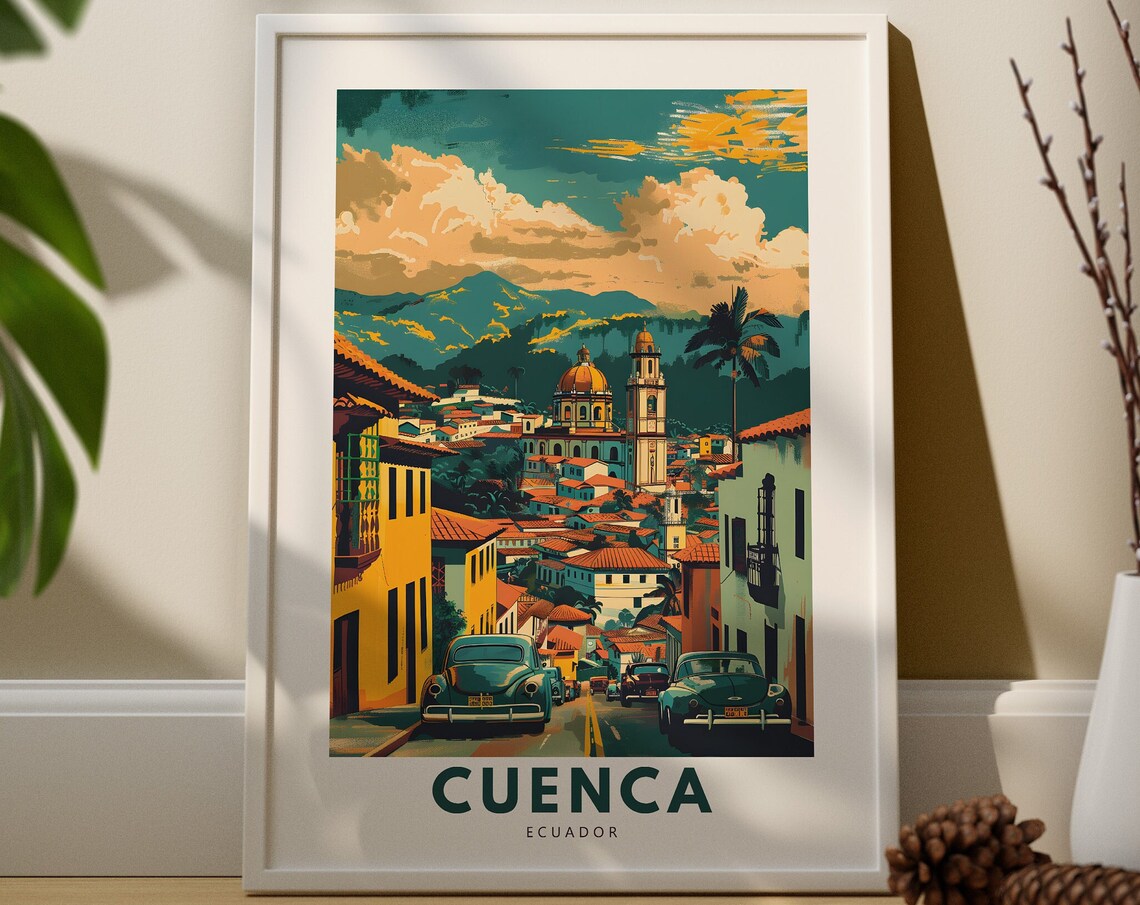 Cuenca Ecuador Colonial Street Cathedral Vintage Cars Retro Travel Poster