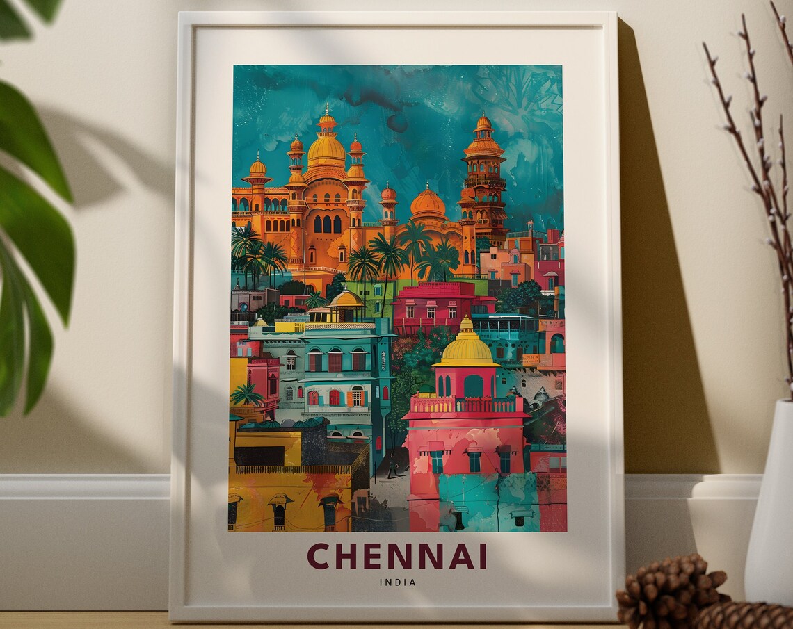 Chennai India Colorful Cityscape Temple Palace Travel Art Poster