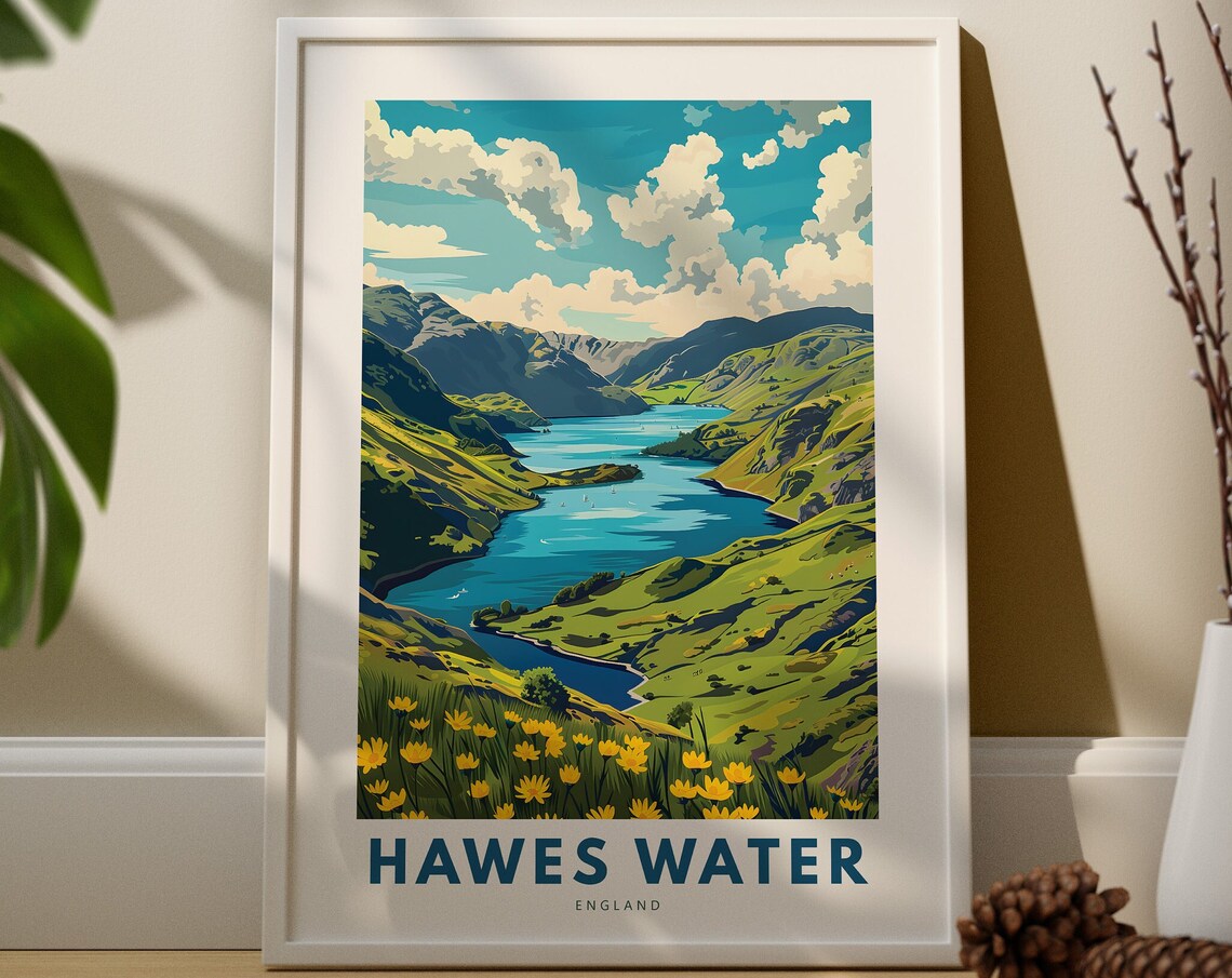 Haweswater Lake England Retro Travel Poster Green Hills Wildflowers