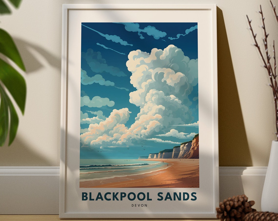 Blackpool Sands Devon Dramatic Clouds Golden Beach Travel Poster