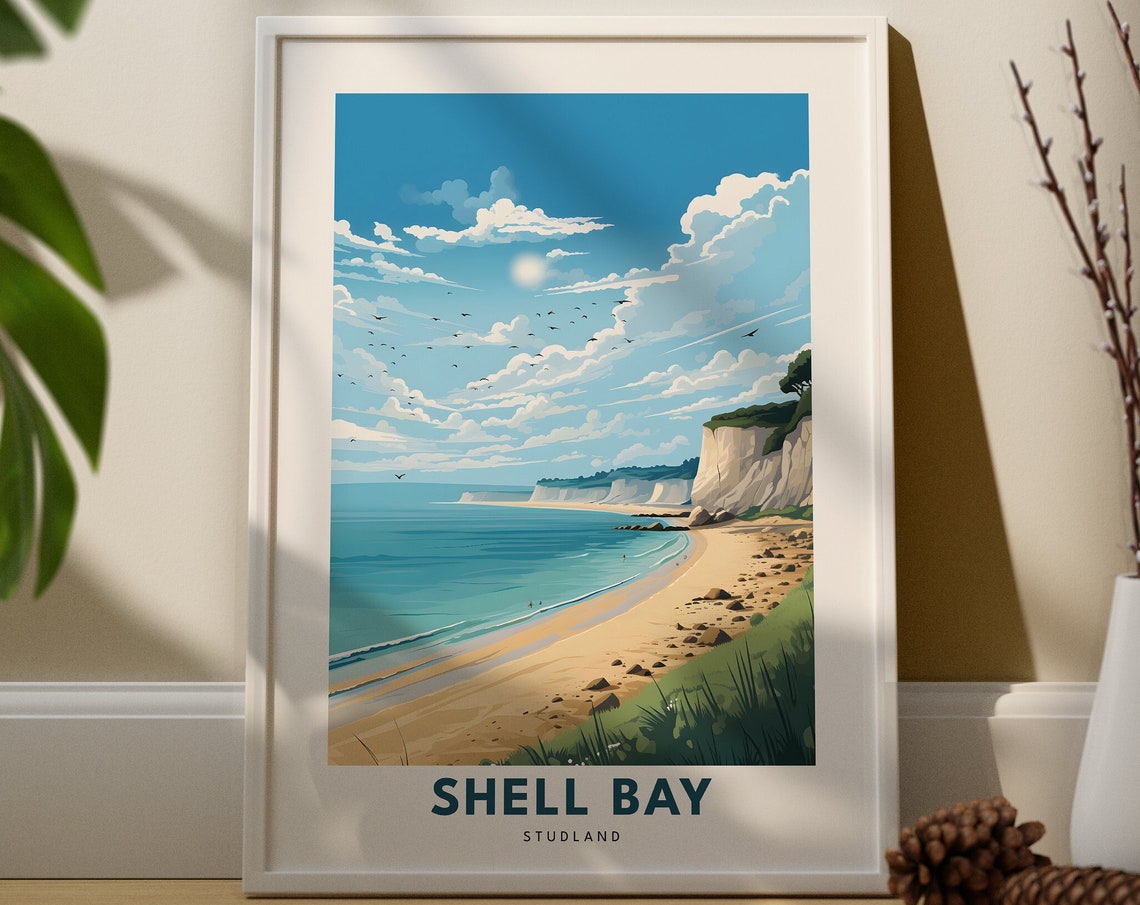 Shell Bay Studland Sandy Beach Cliffs Dorset Coast Travel Poster
