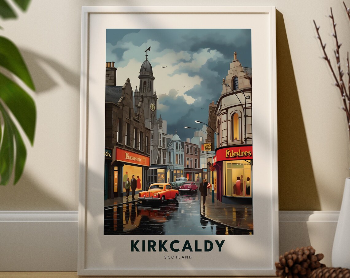 Kirkcaldy Scotland Vintage High Street Night Rainy Town Scene Travel Poster