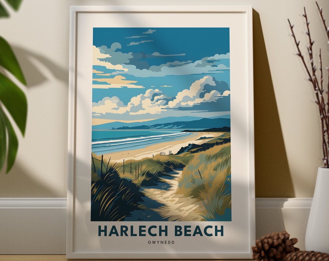 Harlech Beach Gwynedd Wales Travel Poster Sand Dunes Sea View