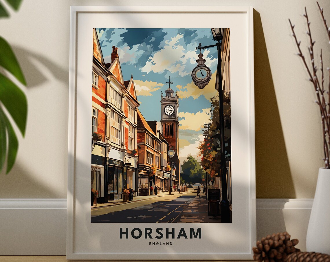 Horsham England Travel Poster Historic Clock Tower Charming Old Street