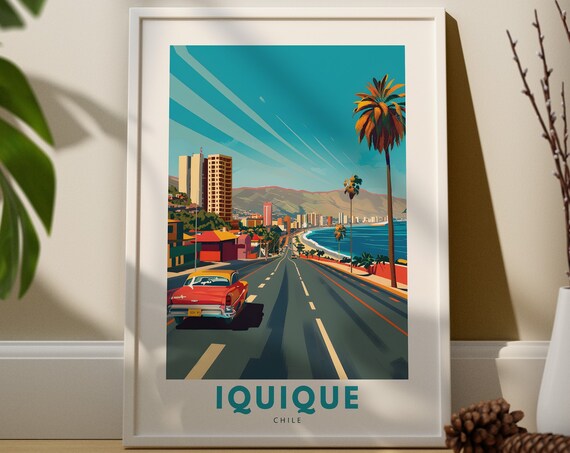 Iquique Chile Coastal City Street Vintage Car Retro Travel Poster