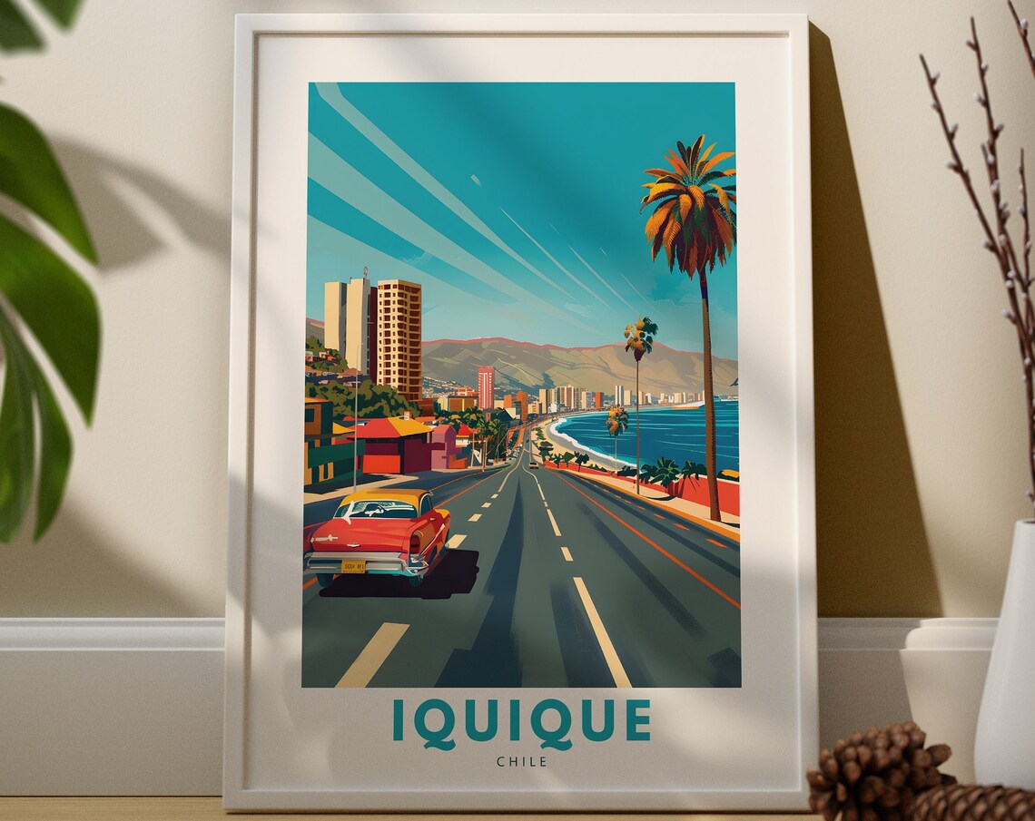 Iquique Chile Coastal City Street Vintage Car Retro Travel Poster