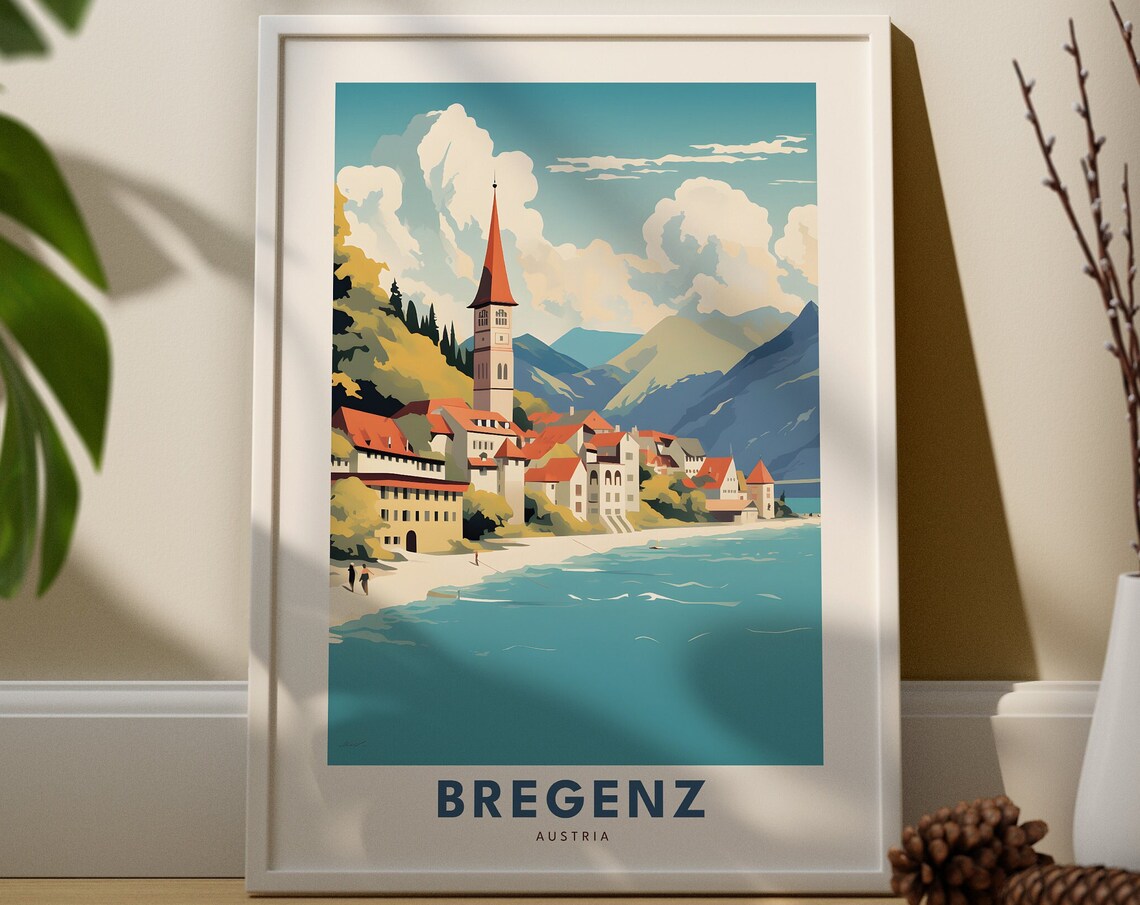 Bregenz Austria Lakeside Travel Poster Vintage Mountain Town Skyline View