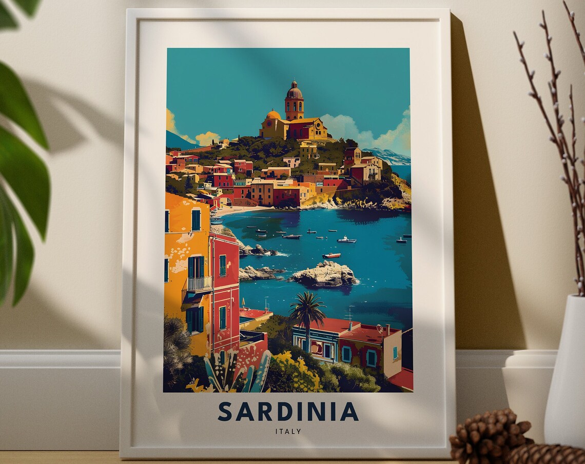 Sardinia Italy Vintage Travel Poster Mediterranean Coastal Town