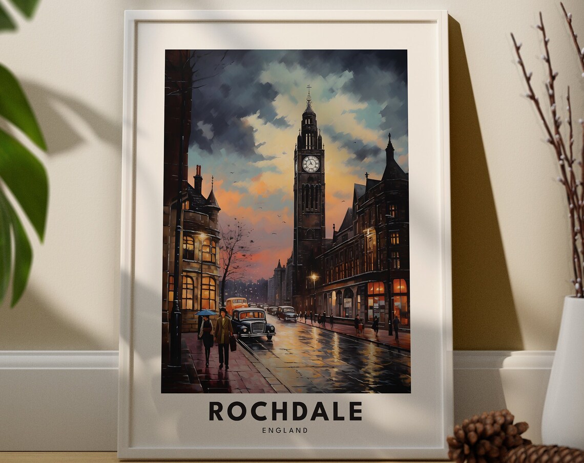 Rochdale England Town Hall Clock Tower Dusk Vintage Travel Poster