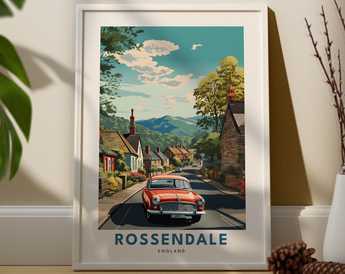 Rossendale England Vintage Red Car Village Street Hillside Travel Poster