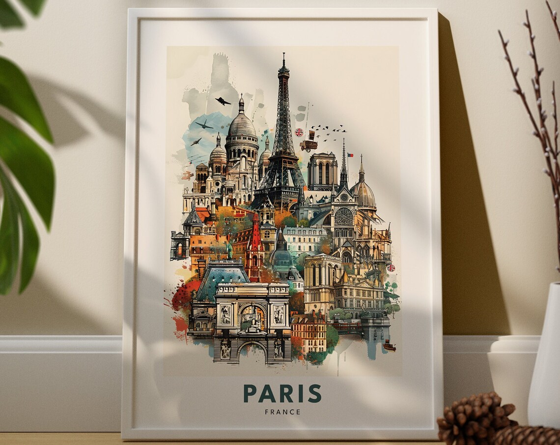 Paris France Watercolor Landmarks Eiffel Tower Montmartre Art Print