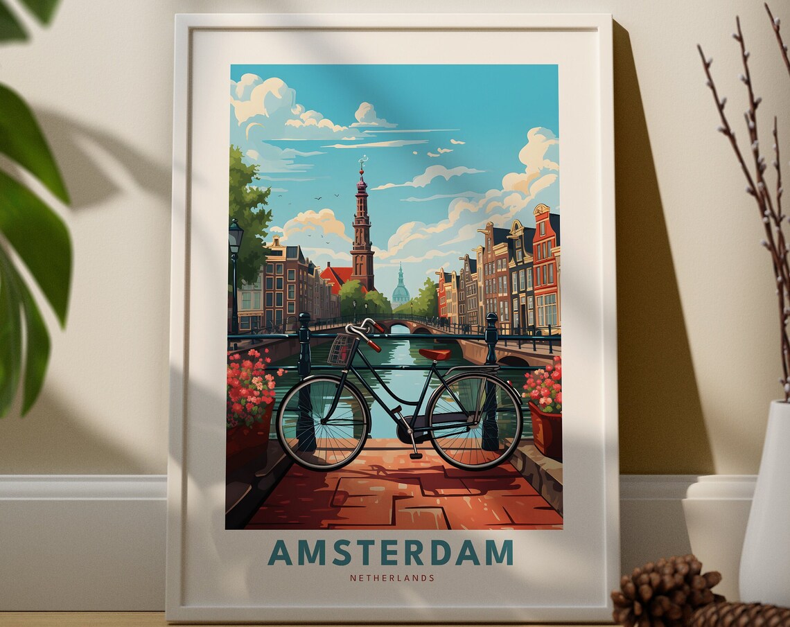 Amsterdam Canal Bicycle Gabled Houses Netherlands Travel Poster