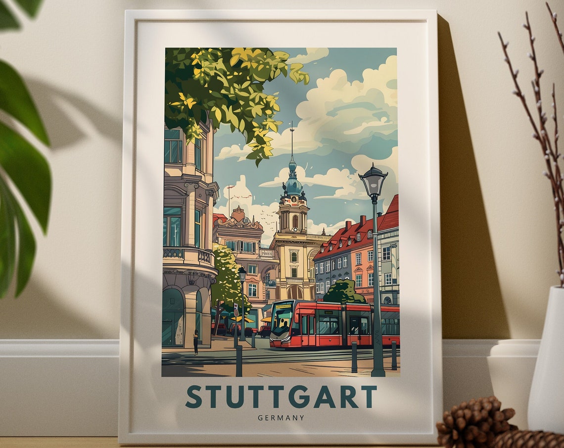Bright Stuttgart Germany Tram City Street Vintage Travel Poster