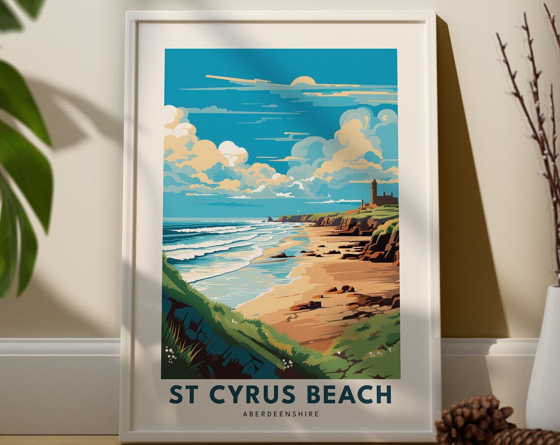 St Cyrus Beach Aberdeenshire Vintage Travel Poster Cliffs Lighthouse Seaside Scene