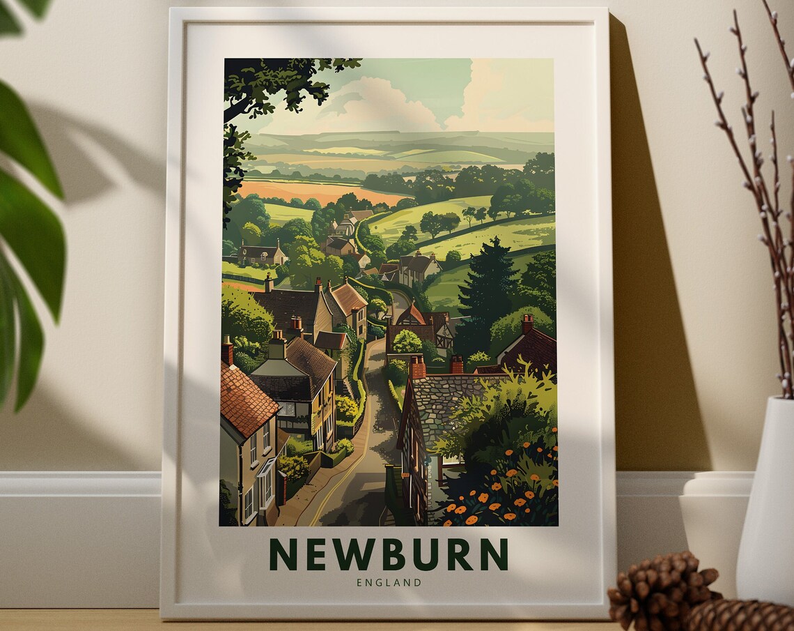 Newburn England Rolling Hills Village Retro Travel Art Poster