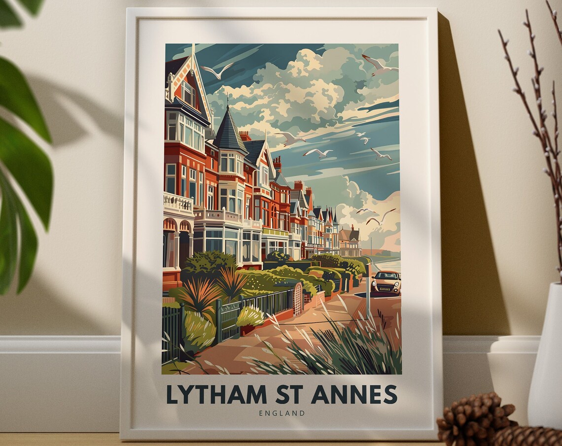 Lytham St Annes England Vintage Travel Poster Seafront Terraces Seaside Scene