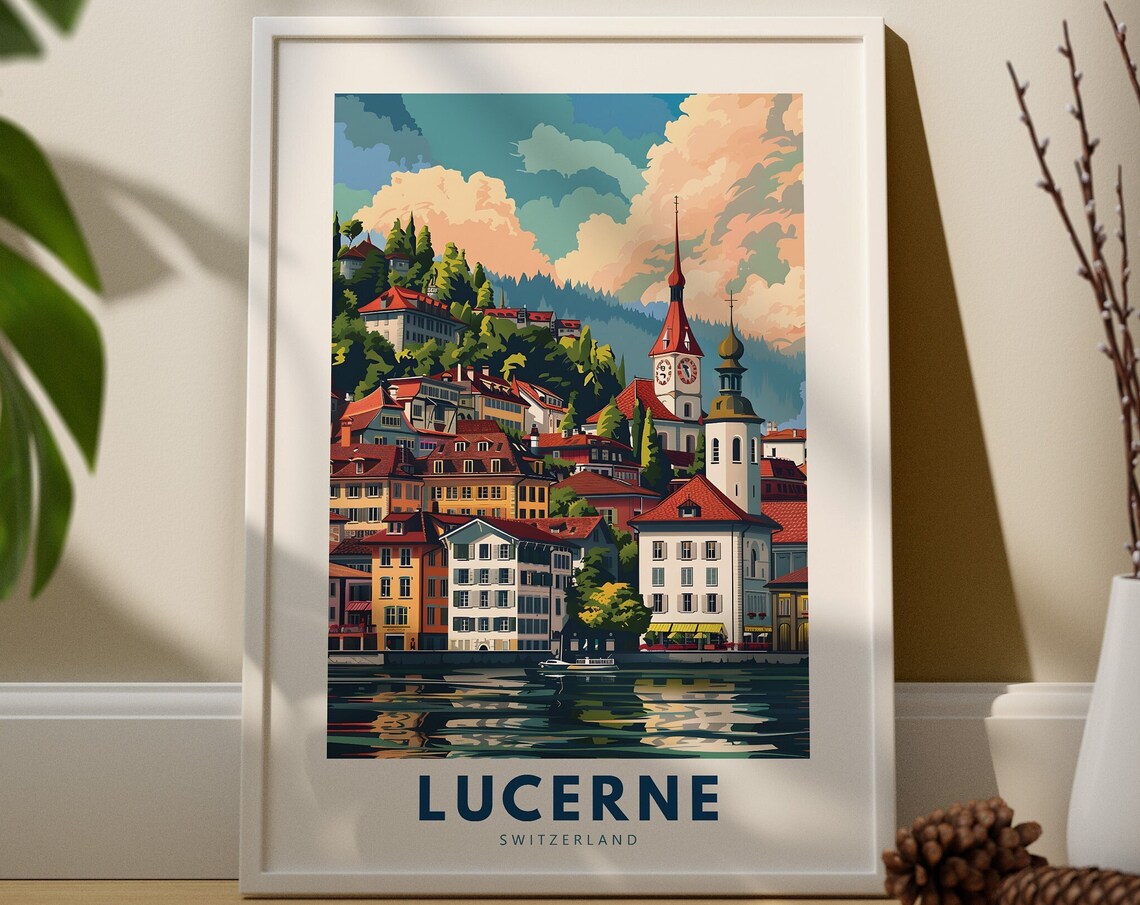 Lucerne Switzerland Lakefront Old Town Church Towers Travel Poster