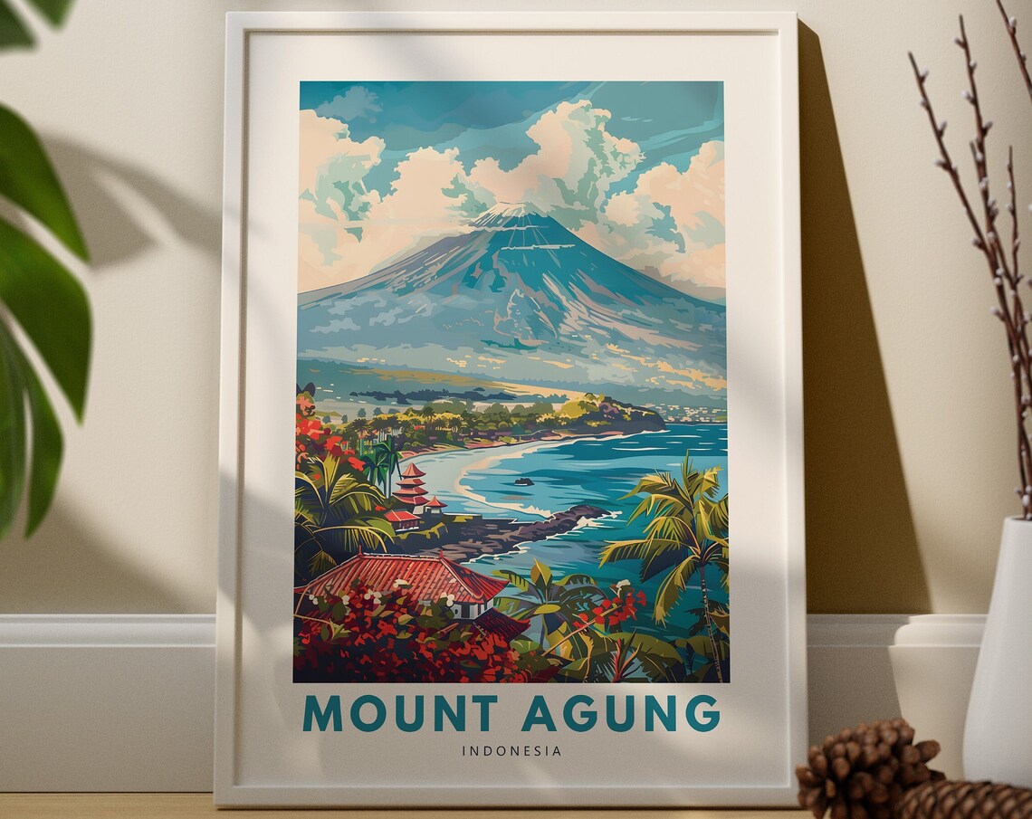 Mount Agung Indonesia Vintage Travel Poster Volcano Coast Scene