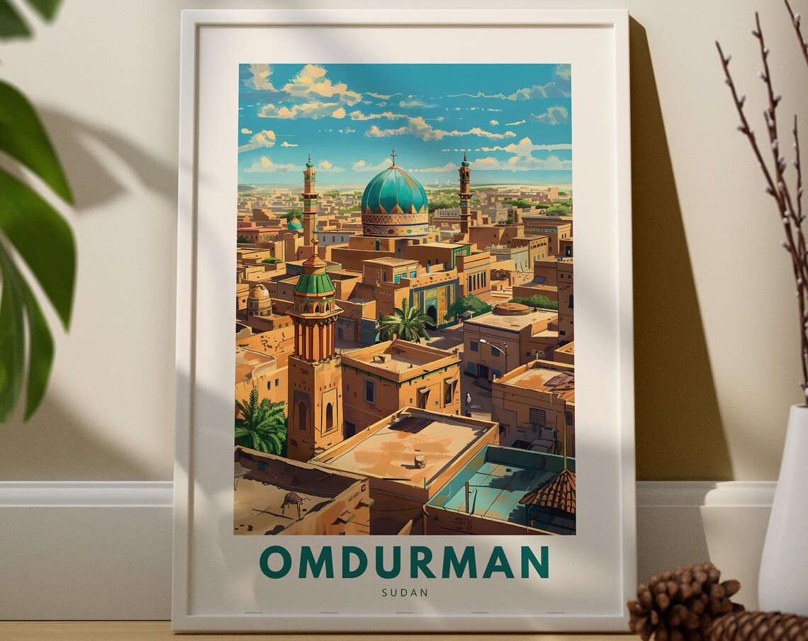 Omdurman Sudan Blue Dome Mosque Cityscape Illustrated Travel Poster