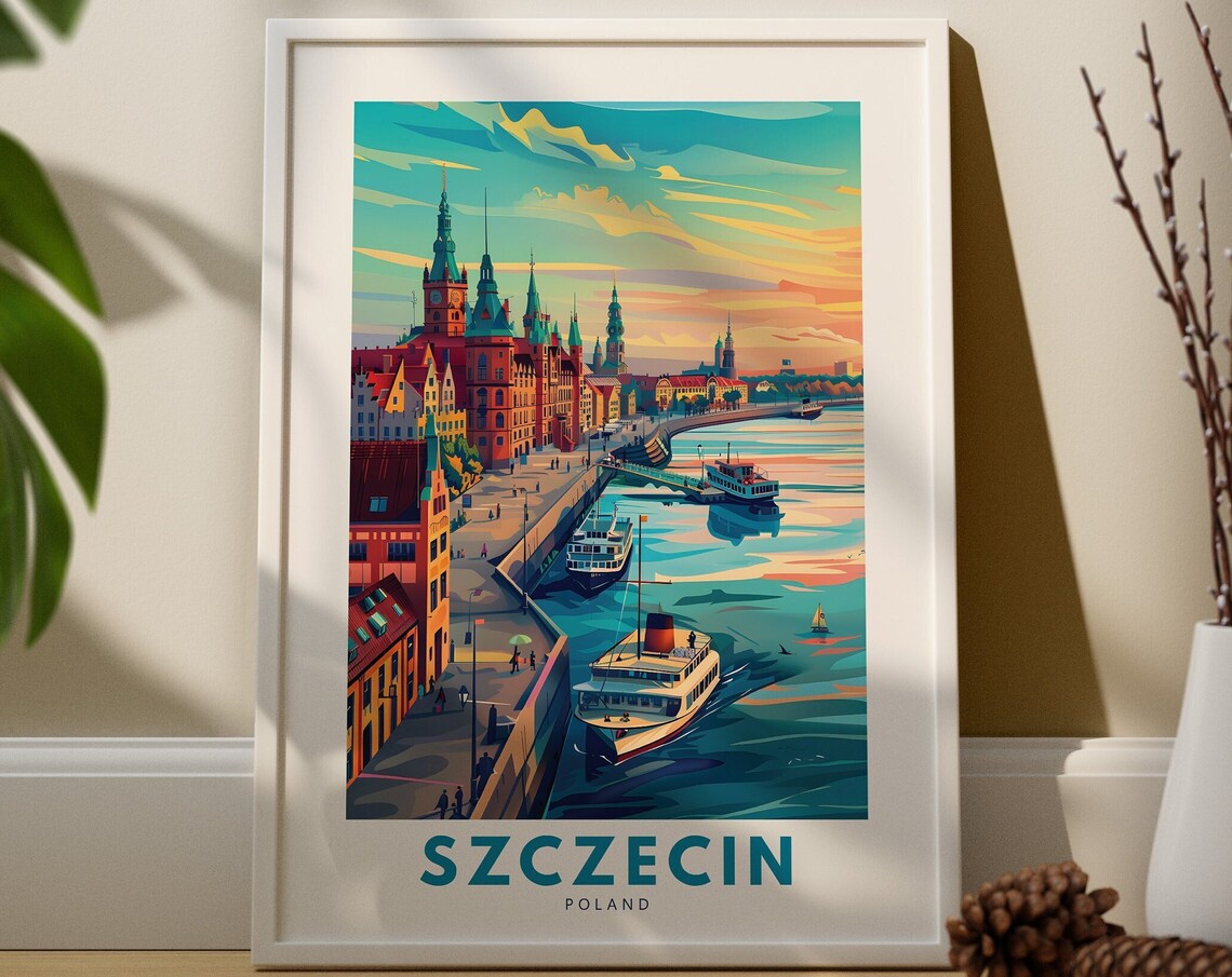 Szczecin Poland Travel Poster Harbor Boats and Old Town Skyline Art