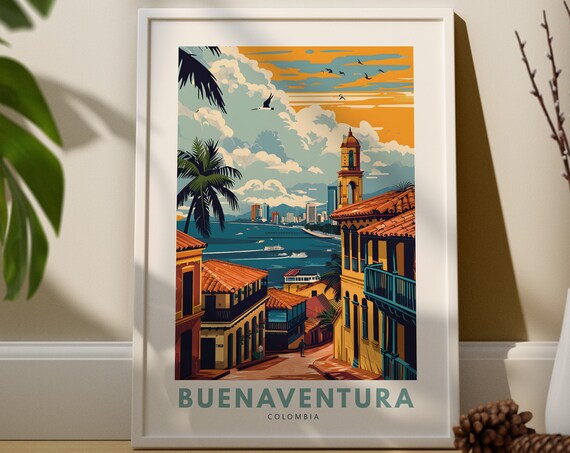 Buenaventura Colombia Harbor Colonial Street Sunset Travel Poster