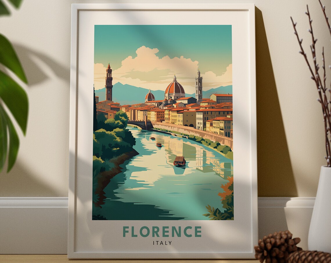Florence Italy Vintage Travel Poster Arno River Cathedral Skyline View