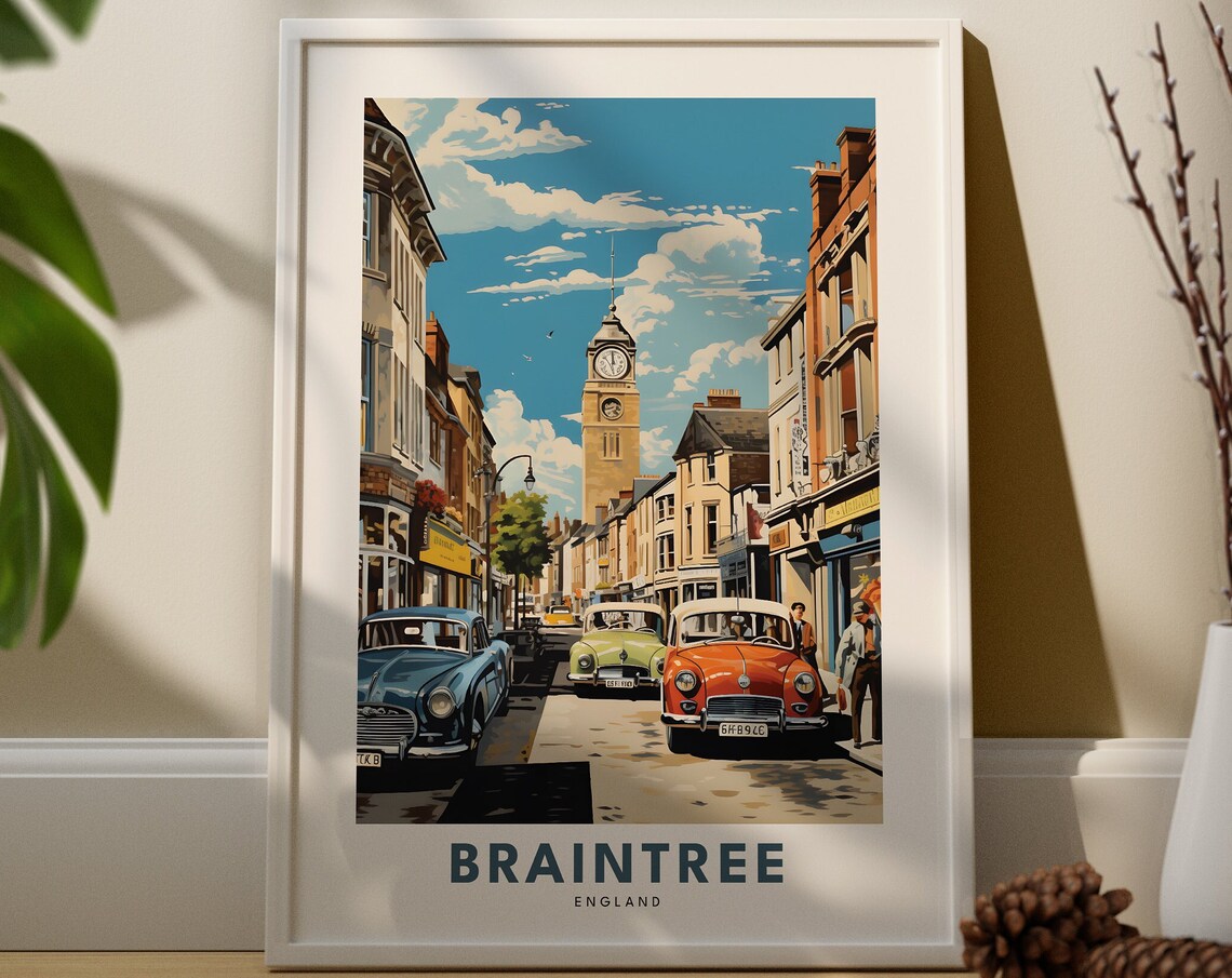 Braintree England Retro Street Scene Clock Tower Travel Poster