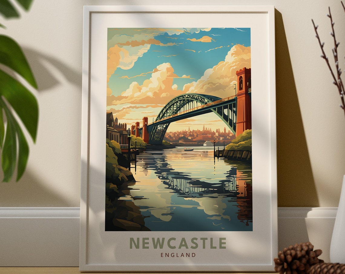 Newcastle England Tyne Bridge River Sunset Modern Travel Poster