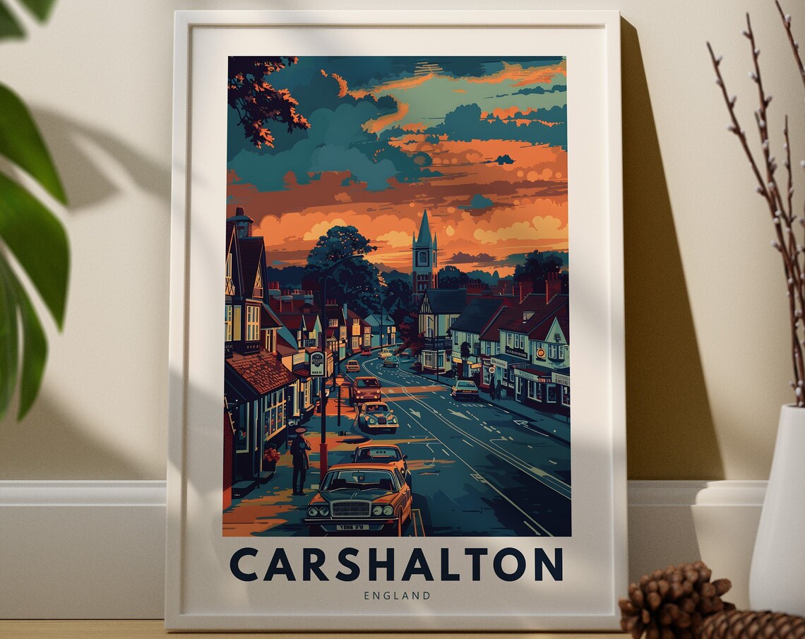 Carshalton England Sunset Street Travel Poster Classic Car Vintage Art