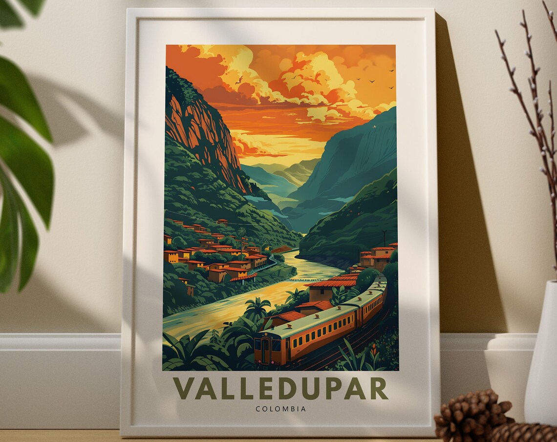 Valledupar Colombia Vintage Travel Poster Mountain Train Art