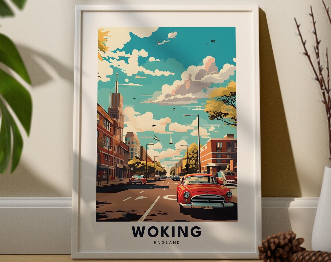 Woking England Vintage Street Scene Travel Poster Classic Car