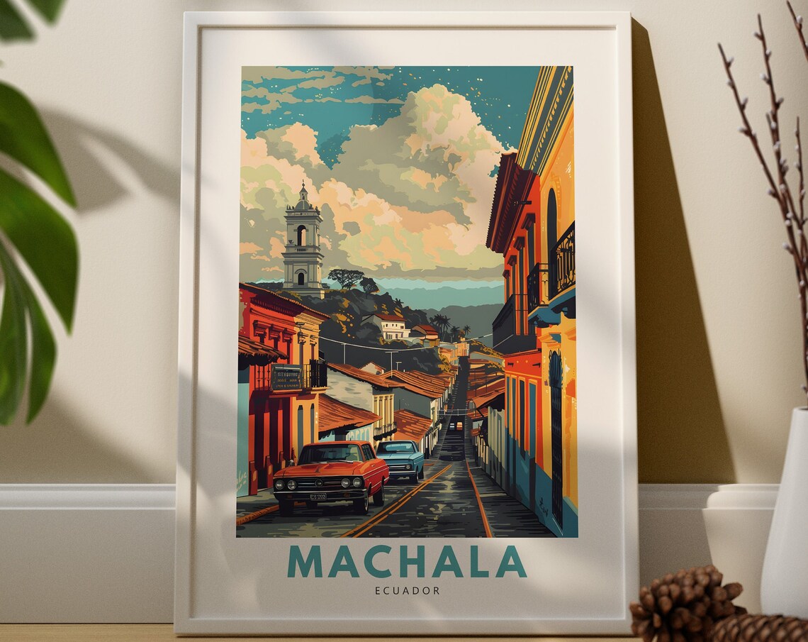 Machala Ecuador Colonial Street Classic Cars Church Tower Travel Poster