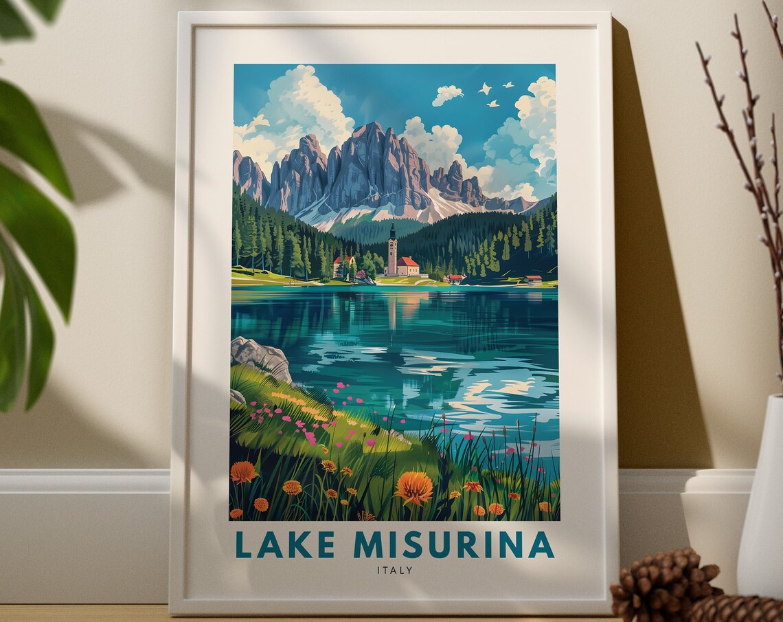 Lake Misurina Italy Vintage Travel Poster Alpine Lake Dolomites Art